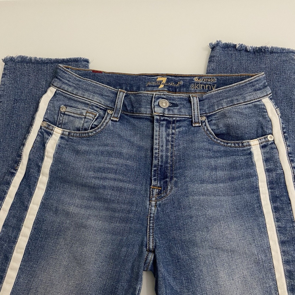 7 For All Mankind Womens Sz 27 (ACT28) Ankle Skinny Jeans Striped Raw Hem
